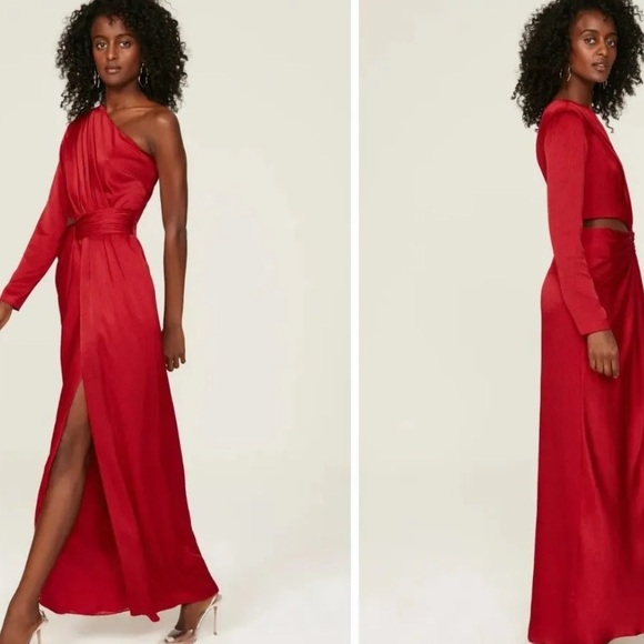 Monique Lhuillier One Shoulder Satin Gown - Red - Size 4 - Picture 1 of 9